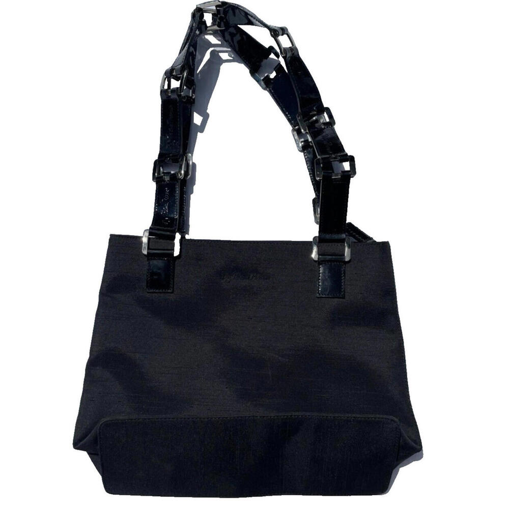 Paloma Picasso Black Satin Shoulder Bag Satchel Patent Leather Signature Strap - Picture 2 of 9